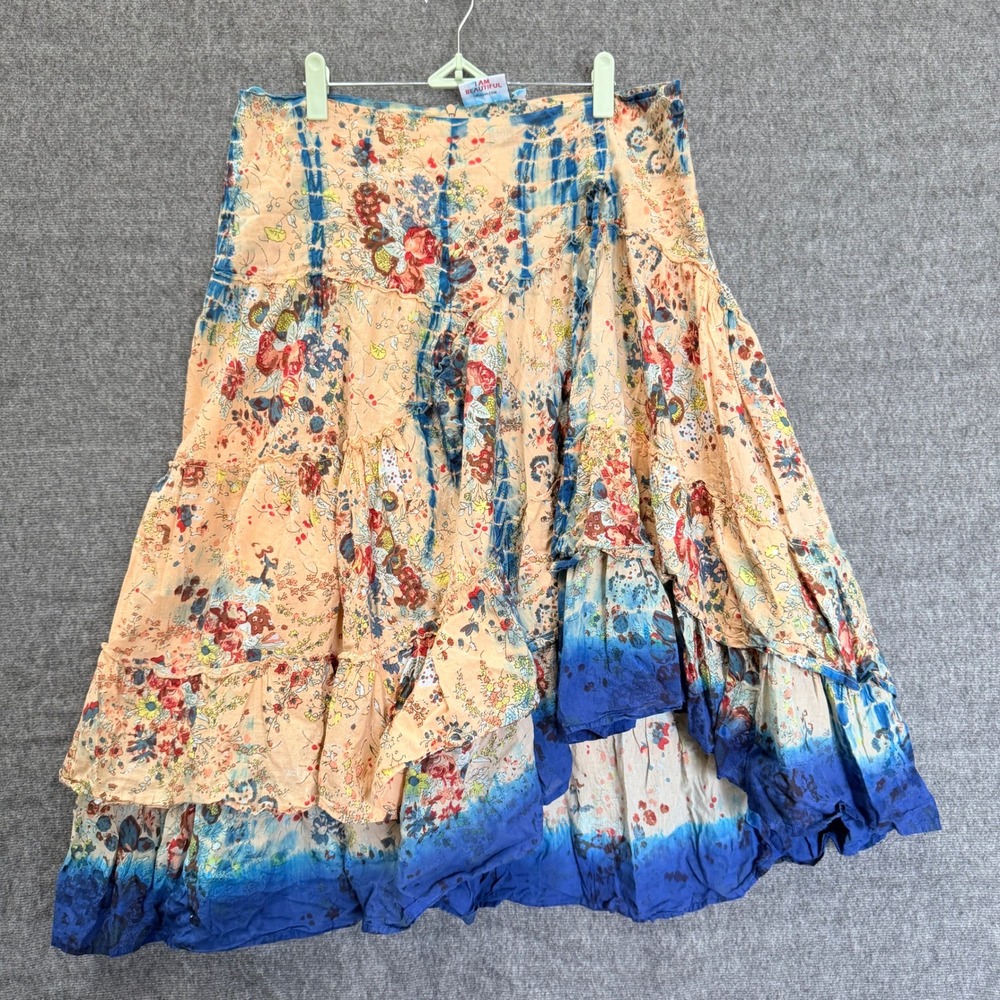 One Body of Love Skirt, Steve Barraza Womans L Skirt Orange Blue Floral Tie Dye